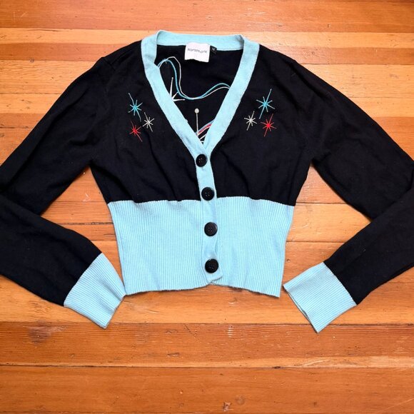 Bowling Retro 50s Vintage Design Rockabilly V-Neckline Black Cardigan Atomic Med - Picture 2 of 6